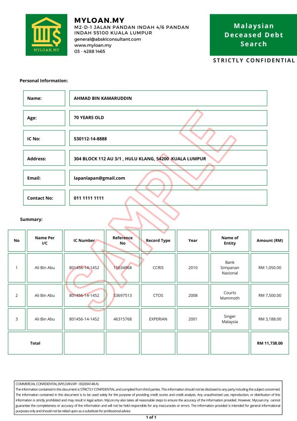 Malaysian Deceased Debt Search Report - Image 2